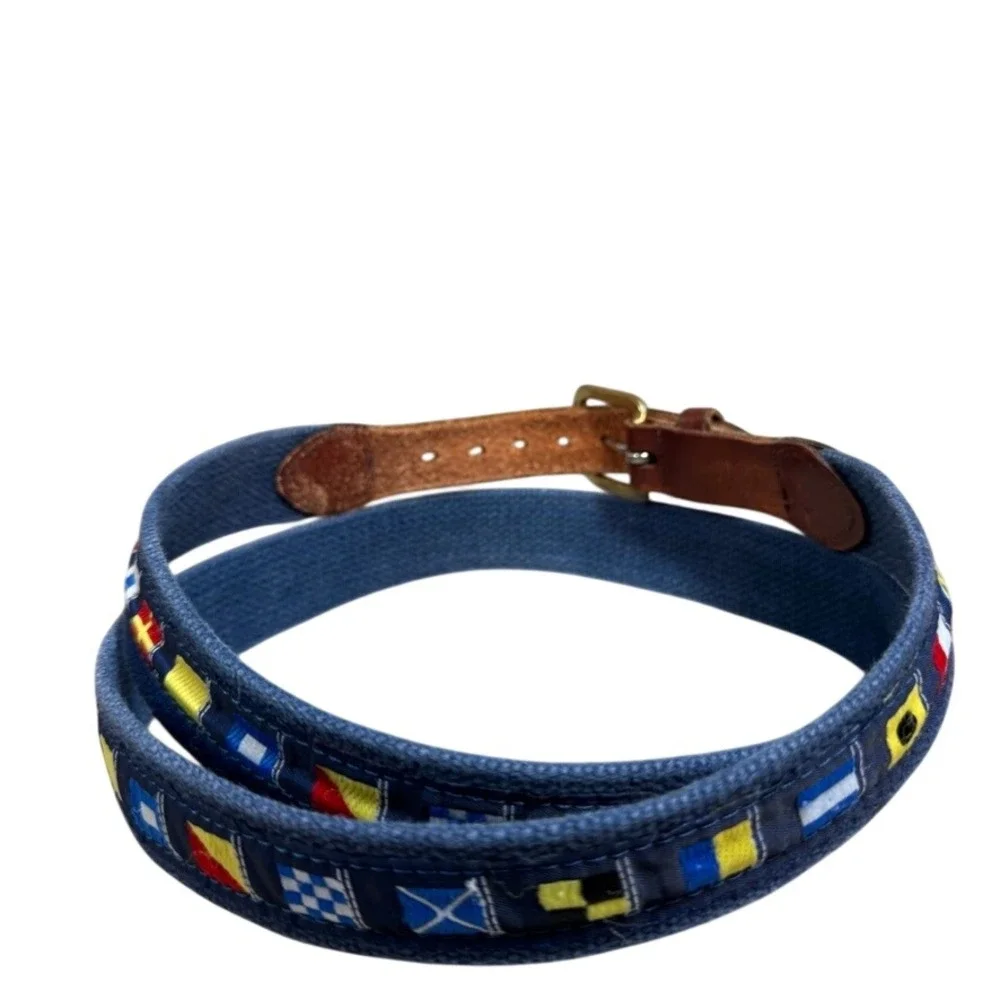 Vintage Nautical Signal Flag Canvas Leather Belt Navy Blue Brass Buckle Size 46